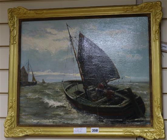 H* Peeters, oil on panel, fishing boats at sea, 43 x 52cm